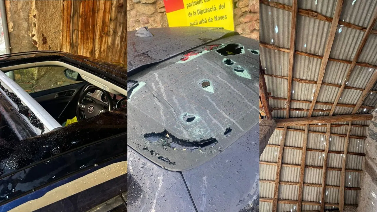Danys causats per la pedregada a Noves de Segre, vehicles i teulades afectades