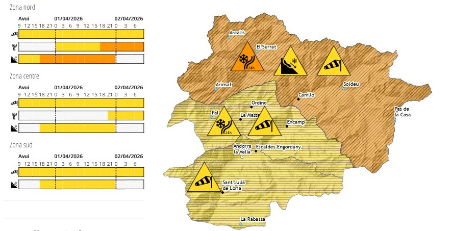Mapa d'Andorra amb avisos taronja per nevades i perill d'allaus