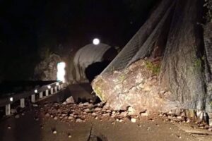 Esllavissada de roques a la carretera N-260 prop del túnel de Viu de Llevata