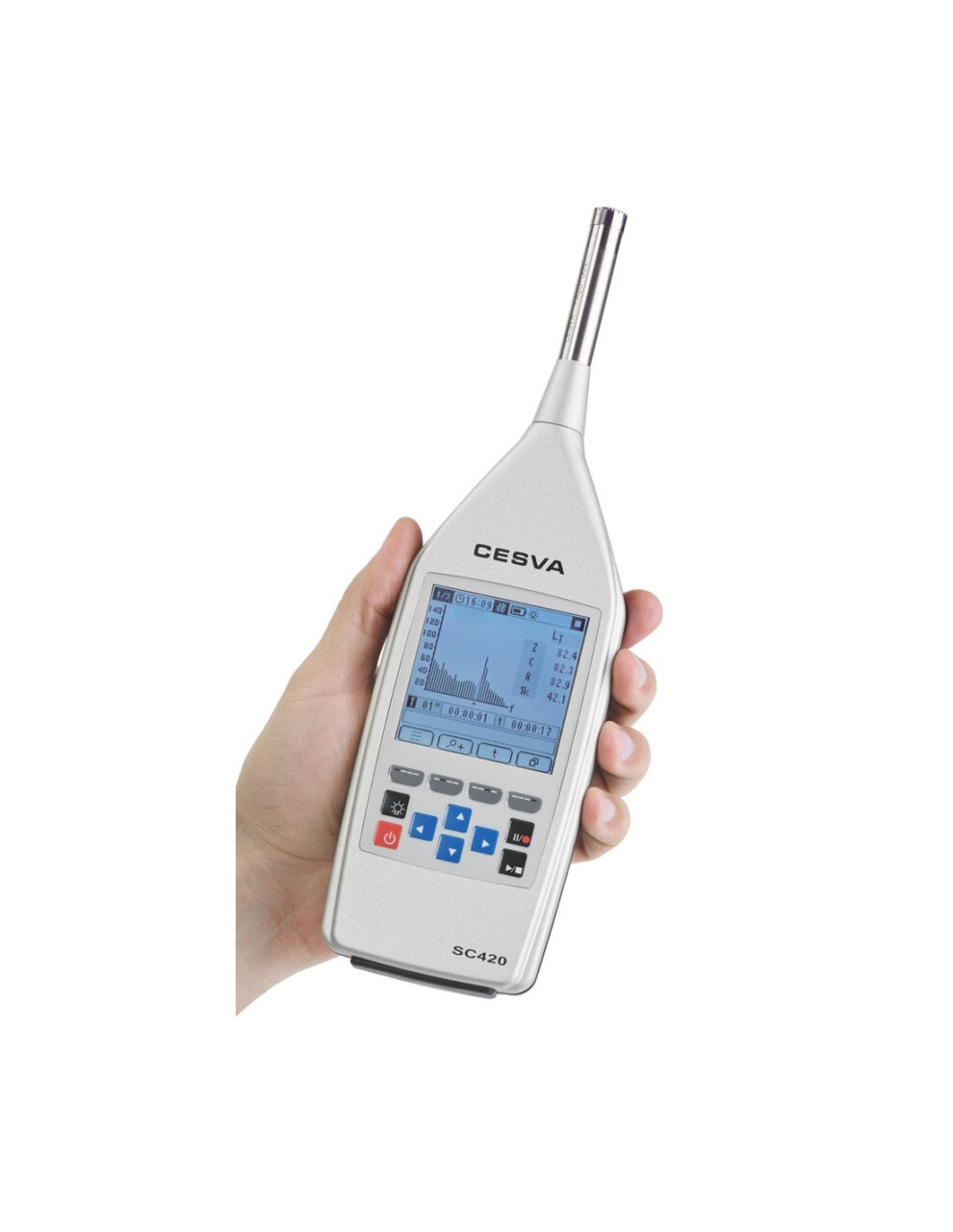 Sonòmetre CESVA SC420 en una mà amb pantalla digital