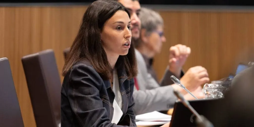 La consellera Laia Moliné parlant durant una sessió de control al Consell General d'Andorra.